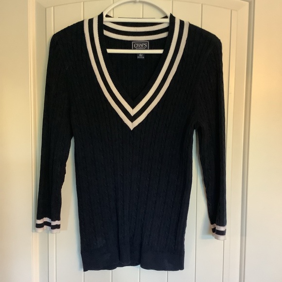 Chaps Sweaters - Chaps Navy‎ and White V-Neck Sweater for Women